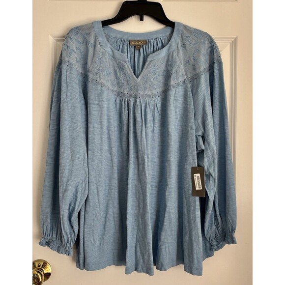 STYLE & CO. WOMENS TOP EMBROIDERED BLUE LONG SLEVEE PULLON COTTON SIZE 1X, 2X,3X - Picture 1 of 8